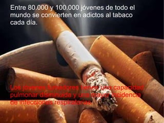 Entre 80.000 y 100.000 jóvenes de todo el mundo se convierten en adictos al tabaco cada día.  Los jóvenes fumadores tienen una capacidad pulmonar disminuida y una mayor incidencia de infecciones respiratorias.  