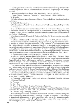 68 
7 En otras provincias aparecen el respeto por la Constitución Provincial y el respeto a los 
símbolos regionales. Pero no hacen referencia a una cultura y/o pedagogía con enfoque 
regional. 
8 A excepción de Formosa, Jujuy, Salta, Santiago del Estero y San Luis. 
9 Chaco, Chubut, Corrientes, Formosa, La Pampa, Neuquén y Tierra del Fuego. 
10 Neuquén. 
11 Ciudad de Buenos Aires, Catamarca, Chubut, Córdoba, La Rioja, Mendoza y Santiago 
del Estero. 
12 Ciudad de Buenos Aires. 
13 Ciudad de Buenos Aires, Provincia de Buenos Aires, Córdoba, La Rioja, Río Negro y Salta. 
14 Corrientes. 
15 El derecho al ascenso no se encuentra estipulado en Formosa, La Pampa y San Juan. 
El derecho al aumento de clases y al traslado no se observa en Córdoba, Jujuy, San Juan y 
San Luis. El conocimiento de los antecedentes de los aspirantes y de las nóminas no aparece 
en Córdoba y La Pampa. 
16 La cita corresponde al Estatuto de Córdoba. La Rioja y Río Negro presentan enunciados 
similares. 
17 Estatuto del Educador de la Provincia de Salta, Ley Nº 6830/95, artículo 6º inc. 3. 
18 El ejercicio en las mejores condiciones pedagógicas, de local, higiene, material didáctico 
y número de alumnos no aparece en Entre Ríos y Misiones. El reconocimiento de las 
necesidades del núcleo familiar, no consta en Ciudad de Buenos Aires, Jujuy y Salta. El goce 
de vacaciones reglamentarias no se encuentra explícitamente señalado en Ciudad de Buenos 
Aires, Chubut y Corrientes. Licencia con goce de sueldo para perfeccionamiento, no se 
establece en Ciudad de Buenos Aires, Entre Ríos, Jujuy, La Pampa y Río Negro. Por último, 
la asistencia social no figura explícitamente como derecho en La Pampa, Jujuy y Salta. 
19 Únicamente no aparece este derecho en el Estatuto de Jujuy. 
20 Salvo en Ciudad de Buenos Aires, Chubut, Jujuy, La Pampa, Salta y Tierra del Fuego. 
21 Con excepción del Estatuto de Tucumán. Cabe aclarar que varios Estatutos contemplan 
la posibilidad de títulos habilitantes o supletorios para casos determinados, como así 
también el ingreso sin título cuando no se presentaran aspirantes con las condiciones 
establecidas. En este último caso, se fijan diferentes modalidades de control. 
22 En general, se exige para la educación inicial y primaria, pero en algunos casos también 
para otros niveles. Es condición en, aproximadamente, la mitad de los estatutos. Son: Ciudad 
de Buenos Aires, Provincia de Buenos Aires, Catamarca, Chaco, Chubut, Jujuy, La Pampa, 
La Rioja, Misiones, Neuquén, Santa Cruz, Santa Fe, Tierra del Fuego, Tucumán y Nación. 
23 Los estatutos de la Ciudad de Buenos Aires, Provincia de Buenos Aires, Chaco, Córdoba, 
Corrientes, Formosa, Jujuy, La Pampa, Mendoza, Río Negro, San Juan, Neuquén, Santa 
Cruz, Santa Fe y Tierra del Fuego. 
24 Catamarca, Chubut, Entre Ríos, La Rioja, Misiones, Santa Cruz, Santa Fe, Tucumán 
y el Estatuto Nacional. 
25 Formosa. 
26 Entre Ríos. 
27 Prov. de Buenos Aires, Córdoba, Corrientes y Tucumán. 
28 Catamarca, Chubut, Córdoba, Corrientes, Entre Ríos, La Rioja, Mendoza, Misiones, 
Neuquén, Río Negro, San Juan, Santa Cruz, Santa Fe, Tucumán y el Estatuto Nacional. 
29 Córdoba, Jujuy, La Rioja y Mendoza. 
30 En todas las jurisdicciones se establece la condición de someterse a concurso. En algunas 
se la enumera entre los requisitos para el ingreso y en otras se lo establece expresamente 
o se desprende del articulado. La única excepción es Jujuy que no dice nada en torno a los 
concursos para el ingreso y sí señala explícitamente que para cubrir los cargos vacantes de 
maestro de grado, no se hará mediante concursos. 
 