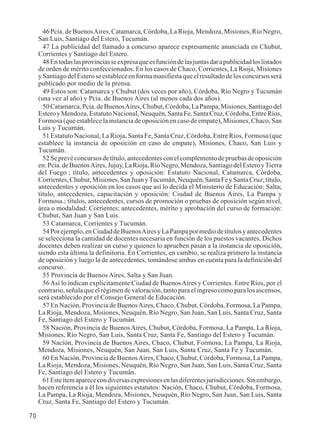70 
46 Pcia. de Buenos Aires, Catamarca, Córdoba, La Rioja, Mendoza, Misiones, Río Negro, 
San Luis, Santiago del Estero, Tucumán. 
47 La publicidad del llamado a concurso aparece expresamente anunciada en Chubut, 
Corrientes y Santiago del Estero. 
48 En todas las provincias se expresa que es función de las juntas dar a publicidad los listados 
de orden de mérito confeccionados. En los casos de Chaco, Corrientes, La Rioja, Misiones 
y Santiago del Estero se establece en forma manifiesta que el resultado de los concursos será 
publicado por medio de la prensa. 
49 Estos son: Catamarca y Chubut (dos veces por año), Córdoba, Río Negro y Tucumán 
(una vez al año) y Pcia. de Buenos Aires (al menos cada dos años). 
50 Catamarca, Pcia. de Buenos Aires, Chubut, Córdoba, La Pampa, Misiones, Santiago del 
Estero y Mendoza, Estatuto Nacional, Neuquén, Santa Fe, Santa Cruz, Córdoba, Entre Ríos, 
Formosa (que establece la instancia de oposición en caso de empate), Misiones, Chaco, San 
Luis y Tucumán. 
51 Estatuto Nacional, La Rioja, Santa Fe, Santa Cruz, Córdoba, Entre Ríos, Formosa (que 
establece la instancia de oposición en caso de empate), Misiones, Chaco, San Luis y 
Tucumán. 
52 Se prevé concursos de título, antecedentes con el complemento de pruebas de oposición 
en: Pcia. de Buenos Aires, Jujuy, La Rioja, Río Negro, Mendoza, Santiago del Estero y Tierra 
del Fuego ; título, antecedentes y oposición: Estatuto Nacional, Catamarca, Córdoba, 
Corrientes, Chubut, Misiones, San Juan y Tucumán, Neuquén, Santa Fe y Santa Cruz; título, 
antecedentes y oposición en los casos que así lo decida el Ministerio de Educación: Salta; 
título, antecedentes, capacitación y oposición: Ciudad de Buenos Aires, La Pampa y 
Formosa.; títulos, antecedentes, cursos de promoción o pruebas de oposición según nivel, 
área o modalidad: Corrientes; antecedentes, mérito y aprobación del curso de formación: 
Chubut, San Juan y San Luis. 
53 Catamarca, Corrientes y Tucumán. 
54 Por ejemplo, en Ciudad de Buenos Aires y La Pampa por medio de títulos y antecedentes 
se selecciona la cantidad de docentes necesaria en función de los puestos vacantes. Dichos 
docentes deben realizar un curso y quienes lo aprueben pasan a la instancia de oposición, 
siendo esta última la definitoria. En Corrientes, en cambio, se realiza primero la instancia 
de oposición y luego la de antecedentes, tomándose ambas en cuenta para la definición del 
concurso. 
55 Provincia de Buenos Aires, Salta y San Juan. 
56 Así lo indican explícitamente Ciudad de Buenos Aires y Corrientes. Entre Ríos, por el 
contrario, señala que el régimen de valoración, tanto para el ingreso como para los ascensos, 
será establecido por el Consejo General de Educación. 
57 En Nación, Provincia de Buenos Aires, Chaco, Chubut, Córdoba, Formosa, La Pampa, 
La Rioja, Mendoza, Misiones, Neuquén, Río Negro, San Juan, San Luis, Santa Cruz, Santa 
Fe, Santiago del Estero y Tucumán. 
58 Nación, Provincia de Buenos Aires, Chubut, Córdoba, Formosa, La Pampa, La Rioja, 
Misiones, Río Negro, San Luis, Santa Cruz, Santa Fe, Santiago del Estero y Tucumán. 
59 Nación, Provincia de Buenos Aires, Chaco, Chubut, Formosa, La Pampa, La Rioja, 
Mendoza, Misiones, Neuquén, San Juan, San Luis, Santa Cruz, Santa Fe y Tucumán. 
60 En Nación, Provincia de Buenos Aires, Chaco, Chubut, Córdoba, Formosa, La Pampa, 
La Rioja, Mendoza, Misiones, Neuquén, Río Negro, San Juan, San Luis, Santa Cruz, Santa 
Fe, Santiago del Estero y Tucumán. 
61 Este ítem aparece con diversas expresiones en las diferentes jurisdicciones. Sin embargo, 
hacen referencia a él los siguientes estatutos: Nación, Chaco, Chubut, Córdoba, Formosa, 
La Pampa, La Rioja, Mendoza, Misiones, Neuquén, Río Negro, San Juan, San Luis, Santa 
Cruz, Santa Fe, Santiago del Estero y Tucumán. 
 