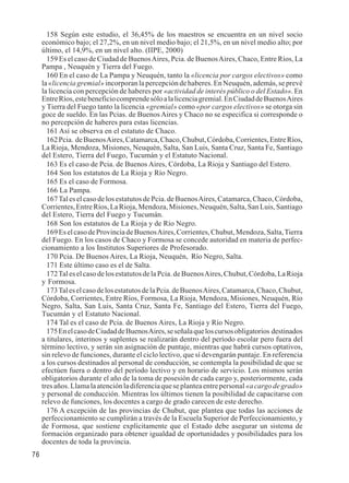 76 
158 Según este estudio, el 36,45% de los maestros se encuentra en un nivel socio 
económico bajo; el 27,2%, en un nivel medio bajo; el 21,5%, en un nivel medio alto; por 
último, el 14,9%, en un nivel alto. (IIPE, 2000) 
159 Es el caso de Ciudad de Buenos Aires, Pcia. de Buenos Aires, Chaco, Entre Ríos, La 
Pampa , Neuquén y Tierra del Fuego. 
160 En el caso de La Pampa y Neuquén, tanto la «licencia por cargos electivos» como 
la «licencia gremial» incorporan la percepción de haberes. En Neuquén, además, se prevé 
la licencia con percepción de haberes por «actividad de interés público o del Estado». En 
Entre Ríos, este beneficio comprende sólo a la licencia gremial. En Ciudad de Buenos Aires 
y Tierra del Fuego tanto la licencia «gremial» como «por cargos electivos» se otorga sin 
goce de sueldo. En las Pcias. de Buenos Aires y Chaco no se especifica si corresponde o 
no percepción de haberes para estas licencias. 
161 Así se observa en el estatuto de Chaco. 
162 Pcia. de Buenos Aires, Catamarca, Chaco, Chubut, Córdoba, Corrientes, Entre Ríos, 
La Rioja, Mendoza, Misiones, Neuquén, Salta, San Luis, Santa Cruz, Santa Fe, Santiago 
del Estero, Tierra del Fuego, Tucumán y el Estatuto Nacional. 
163 Es el caso de Pcia. de Buenos Aires, Córdoba, La Rioja y Santiago del Estero. 
164 Son los estatutos de La Rioja y Río Negro. 
165 Es el caso de Formosa. 
166 La Pampa. 
167 Tal es el caso de los estatutos de Pcia. de Buenos Aires, Catamarca, Chaco, Córdoba, 
Corrientes, Entre Ríos, La Rioja, Mendoza, Misiones, Neuquén, Salta, San Luis, Santiago 
del Estero, Tierra del Fuego y Tucumán. 
168 Son los estatutos de La Rioja y de Río Negro. 
169 Es el caso de Provincia de Buenos Aires, Corrientes, Chubut, Mendoza, Salta, Tierra 
del Fuego. En los casos de Chaco y Formosa se concede autoridad en materia de perfec-cionamiento 
a los Institutos Superiores de Profesorado. 
170 Pcia. De Buenos Aires, La Rioja, Neuquén, Río Negro, Salta. 
171 Este último caso es el de Salta. 
172 Tal es el caso de los estatutos de la Pcia. de Buenos Aires, Chubut, Córdoba, La Rioja 
y Formosa. 
173 Tal es el caso de los estatutos de la Pcia. de Buenos Aires, Catamarca, Chaco, Chubut, 
Córdoba, Corrientes, Entre Ríos, Formosa, La Rioja, Mendoza, Misiones, Neuquén, Río 
Negro, Salta, San Luis, Santa Cruz, Santa Fe, Santiago del Estero, Tierra del Fuego, 
Tucumán y el Estatuto Nacional. 
174 Tal es el caso de Pcia. de Buenos Aires, La Rioja y Río Negro. 
175 En el caso de Ciudad de Buenos Aires, se señala que los cursos obligatorios destinados 
a titulares, interinos y suplentes se realizarán dentro del período escolar pero fuera del 
término lectivo, y serán sin asignación de puntaje, mientras que habrá cursos optativos, 
sin relevo de funciones, durante el ciclo lectivo, que sí devengarán puntaje. En referencia 
a los cursos destinados al personal de conducción, se contempla la posibilidad de que se 
efectúen fuera o dentro del período lectivo y en horario de servicio. Los mismos serán 
obligatorios durante el año de la toma de posesión de cada cargo y, posteriormente, cada 
tres años. Llama la atención la diferencia que se plantea entre personal «a cargo de grado» 
y personal de conducción. Mientras los últimos tienen la posibilidad de capacitarse con 
relevo de funciones, los docentes a cargo de grado carecen de este derecho. 
176 A excepción de las provincias de Chubut, que plantea que todas las acciones de 
perfeccionamiento se cumplirán a través de la Escuela Superior de Perfeccionamiento, y 
de Formosa, que sostiene explícitamente que el Estado debe asegurar un sistema de 
formación organizado para obtener igualdad de oportunidades y posibilidades para los 
docentes de toda la provincia. 
 