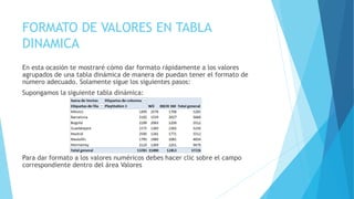 FORMATO DE VALORES EN TABLA
DINAMICA
En esta ocasión te mostraré cómo dar formato rápidamente a los valores
agrupados de una tabla dinámica de manera de puedan tener el formato de
número adecuado. Solamente sigue los siguientes pasos:
Supongamos la siguiente tabla dinámica:
Para dar formato a los valores numéricos debes hacer clic sobre el campo
correspondiente dentro del área Valores
 