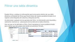 Filtrar una tabla dinamica
Puedes filtrar y ordenar la información que se encuentra dentro de una tabla
dinámica utilizando los filtros que Excel coloca de manera predeterminada en el
reporte como Etiquetas de columna y Etiquetas de fila.
Al seleccionar cualquier de las opciones del filtro, la información será resumida y
solamente mostrará un subconjunto de los datos de la tabla dinámica.
Una vez que se ha aplicado un filtro, Excel reemplaza el icono predeterminado
para indicar que ese campo está siendo actualmente filtrado.
 