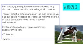 verticalesSon saltos, que requieren una velocidad no muy
alta para que el caballo pueda llegar sin tocarlo
Para el caballo, estos saltos son los más difíciles, ya
que el caballo necesita acercarse lo máximo posible
al salto para pasarlo de forma suave y
redondeado.
Dentro de los saltos verticales podemos
encontrarnos con:
- Tablones
- Muros
 