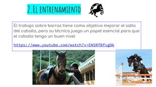 2.El entrenamiento
El trabajo sobre barras tiene como objetivo mejorar el salto
del caballo, pero su técnica juega un papel esencial para que
el caballo tenga un buen nivel
https://www.youtube.com/watch?v=EN5RfBfvgDk
 