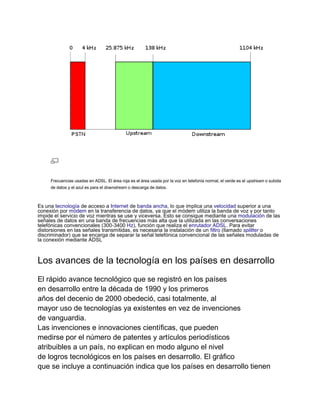 Frecuencias usadas en ADSL. El área roja es el área usada por la voz en telefonía normal, el verde es el upstream o subida 
de datos y el azul es para el downstream o descarga de datos. 
Es una tecnología de acceso a Internet de banda ancha, lo que implica una velocidad superior a una 
conexión por módem en la transferencia de datos, ya que el módem utiliza la banda de voz y por tanto 
impide el servicio de voz mientras se use y viceversa. Esto se consigue mediante una modulación de las 
señales de datos en una banda de frecuencias más alta que la utilizada en las conversaciones 
telefónicas convencionales (300-3400 Hz), función que realiza el enrutador ADSL. Para evitar 
distorsiones en las señales transmitidas, es necesaria la instalación de un filtro (llamado splitter o 
discriminador) que se encarga de separar la señal telefónica convencional de las señales moduladas de 
la conexión mediante ADSL 
Los avances de la tecnología en los países en desarrollo 
El rápido avance tecnológico que se registró en los países 
en desarrollo entre la década de 1990 y los primeros 
años del decenio de 2000 obedeció, casi totalmente, al 
mayor uso de tecnologías ya existentes en vez de invenciones 
de vanguardia. 
Las invenciones e innovaciones científicas, que pueden 
medirse por el número de patentes y artículos periodísticos 
atribuibles a un país, no explican en modo alguno el nivel 
de logros tecnológicos en los países en desarrollo. El gráfico 
que se incluye a continuación indica que los países en desarrollo tienen 
 