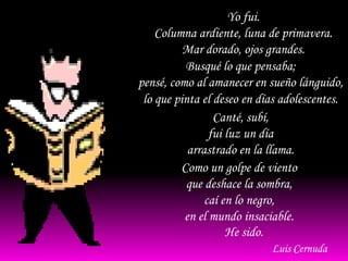 Yo fui.
    Columna ardiente, luna de primavera.
          Mar dorado, ojos grandes.
          Busqué lo que pensaba;
pensé, como al amanecer en sueño lánguido,
 lo que pinta el deseo en días adolescentes.
                 Canté, subí,
                fui luz un día
           arrastrado en la llama.
         Como un golpe de viento
          que deshace la sombra,
               caí en lo negro,
          en el mundo insaciable.
                    He sido.
                            Luis Cernuda
 
