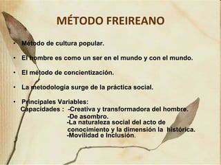 MÉTODO FREIREANO Método de cultura popular. El hombre es como un ser en el mundo y con el mundo. El método de concientización. La metodología surge de la práctica social. Principales Variables:  Capacidades :  -Creativa y transformadora del hombre.  -De asombro.   -La naturaleza social del acto de  conocimiento y la dimensión la  histórica.   -Movilidad e Inclusión .  