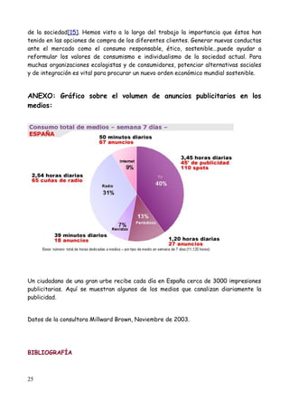 de la sociedad[15]. Hemos visto a lo largo del trabajo la importancia que éstos han
tenido en las opciones de compra de los diferentes clientes. Generar nuevas conductas
ante el mercado como el consumo responsable, ético, sostenible...puede ayudar a
reformular los valores de consumismo e individualismo de la sociedad actual. Para
muchas organizaciones ecologistas y de consumidores, potenciar alternativas sociales
y de integración es vital para procurar un nuevo orden económico mundial sostenible.


ANEXO: Gráfico sobre el volumen de anuncios publicitarios en los
medios:




Un ciudadano de una gran urbe recibe cada día en España cerca de 3000 impresiones
publicitarias. Aquí se muestran algunos de los medios que canalizan diariamente la
publicidad.


Datos de la consultora Millward Brown, Noviembre de 2003.




BIBLIOGRAFÍA



25
 