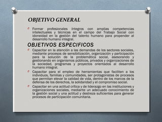 OBJETIVO GENERAL
O

Formar profesionales íntegros con amplias competencias
intelectuales y técnicas en el campo del Trabajo Social con
idoneidad en la gestión del talento humano para propender al
desarrollo humano integral.

OBJETIVOS ESPECIFICOS
O

Capacitar en la atención a las demandas de los sectores sociales,
mediante procesos de sensibilización, organización y participación
para la solución de la problemática social, asesorando y
gestionando en organismos públicos, privados y organizaciones de
la sociedad, programas y proyectos orientados al desarrollo
humano integral.
O Capacitar para el empleo de herramientas que faciliten a los
individuos, familias y comunidades, ser protagonistas de procesos
que permitan elevar la calidad de vida, dentro de los marcos de la
defensa de los derechos, la solidaridad y el compromiso social.
O Capacitar en una actitud crítica y de liderazgo en las instituciones y
organizaciones sociales, mediante un adecuado conocimiento de
la gestión social y una actitud y destreza suficientes para generar
procesos de participación comunitaria.

 