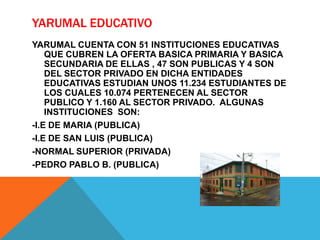 YARUMAL EDUCATIVO
YARUMAL CUENTA CON 51 INSTITUCIONES EDUCATIVAS
QUE CUBREN LA OFERTA BASICA PRIMARIA Y BASICA
SECUNDARIA DE ELLAS , 47 SON PUBLICAS Y 4 SON
DEL SECTOR PRIVADO EN DICHA ENTIDADES
EDUCATIVAS ESTUDIAN UNOS 11.234 ESTUDIANTES DE
LOS CUALES 10.074 PERTENECEN AL SECTOR
PUBLICO Y 1.160 AL SECTOR PRIVADO. ALGUNAS
INSTITUCIONES SON:
-I.E DE MARIA (PUBLICA)
-I.E DE SAN LUIS (PUBLICA)
-NORMAL SUPERIOR (PRIVADA)
-PEDRO PABLO B. (PUBLICA)
 