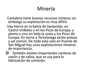 Minería  Cantabria tiene buenos recursos mineros sin embargo su explotación es muy difícil.  Hay hierro en la bahía de Santander, en Castro-Urdiales y en los Picos de Europa, y plomo y cinc en toda la costa y los Picos de Europa. En torno a Torrelavega existe potasa y sal común. De todo esto solo en Puente de San Miguel hay unas explotaciones mineras de importancia.     También existen importantes canteras de caolín y de caliza, que se usa para la fabricación de cemento. Sector Terciario