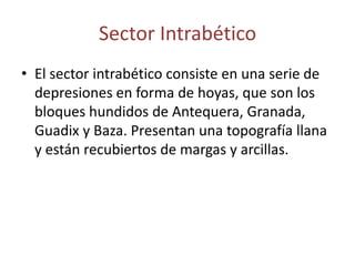 PenibéticasEn las Penibéticas, aparece el zócalo y tiene un relieve fallado en el que sobresalen los bloques elevados de las sierras de Ronda, Almijara, Tejeda, Nevada, Baza, Gádor, Filabres y Estancias.