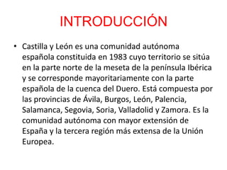 ORGANIZACIÓN TERRITORIALCastilla y León limita al norte con el Principado de Asturias, Cantabria y el País Vasco, al este con La Riojay Aragón, al sur con Comunidad de Madrid, Castilla-La Mancha y Extremadura y al oeste con Galicia y Portugal. Consta de nueve provincias: Ávila, Burgos, León, Palencia, Salamanca, Segovia, Soria, Valladolid y Zamora. Las capitales provinciales recaen en las ciudades homónimas a sus provincias correspondientes.Se reconoce la concurrencia de unas características geográficas, sociales, históricas y económicas en la comarca de El Bierzo creándose la Comarca de El Bierzo.