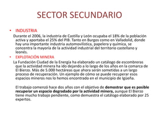      La industria agroalimentaria tiene gran tradición, y es la más vinculada a los productos de país. Es la actividad industrial más importante y se distribuye por toda la región. Se trata de un sector dominado por las pequeñas y medianas empresas, aunque también las hay grandes. Están dedicadas a la transformación del trigo para harinas, galletas y bollería (Aguilar de Campoo), azúcar, y vino de calidad. Y por supuesto las industrias de conservas de frutas y verduras, y las lecheras y de embutidos. Algunas de las empresas más importantes que se encuentran aquí son Campofrío, Revilla, ACOR, Pascual, Fontaneda, UFAC, Azucarera Española y Siro.     La metalurgia de transformación es una de las actividades industriales más importantes, que se encuentra en Valladolid y Palencia (FASA-Renault). Los principales sectores son los del automóvil y las industrias asociadas a su producción: neumáticos, vidrios, etc.     La industria del textil, el cuero y el calzado fueron en tiempos más importantes de lo que hoy son. Es una actividad demasiado apegada a las técnicas tradicionales, y no ha resistido la competencia de los productos foráneos. Está dominado por empresas pequeñas muy poco rentables.     La industria de la madera y el papel tiene gran importancia. Existen muchos aserraderos y fábricas de muebles, que ofrecen mucho valor añadido. La industria del papel es importante, en la que sobresale Cellophane Española.     La industria química está muy diversificada. Los principales productos son los abonos para la agricultura y la química ligera, para el consumo final. Pasa por la producción de vidrio, cerámicas, cementos, etc. Existe una importante industria farmacéutica: Antibióticos (León). 