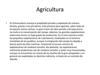    El regadío se limita a las vegas del Tajo, el Alagón y el Guadiana. El resto de la región es mayoritariamente de secano. 