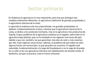 GanaderíaLa ganadería ha estado, desde siempre, íntimamente ligada a la agricultura. Sin embargo, progresivamente se ha ido abandonando la explotación extensiva para asumir la estabulación de la cabaña. Esta ganadería moderna en mucho más rentable, y ha tenido como consecuencia la desvinculación de ganadería y agricultura. No obstante la ganadería tradicional no ha llegado a desaparecer del todo, y aún se mantienen modos de explotación de transterminancia entre el valle y las montañas, tanto las Béticas como Sierra Morena.La cabaña bovina es muy importante, tanto de leche como de carne, además del toro de lidia, que posee pocas cabezas pero son muy rentables. Las provincias que sobresalen en esta cabaña son Córdoba, Cádiz y Sevilla. Destaca sobre todas la comarca de Los Pedroches.     La cabaña de ovino es también muy importante, sobre todo en cuanto a oveja de lana. Aquí sobre sale a mucha distancia la provincia de Córdoba, seguida de Granada y Huelva. Los Pedroches también tiene una gran cabaña ovina.     La cabaña caprina es también bastante importante, aunque en franco retroceso. Las provincias con más cabezas son Málaga, Granda y Almería.