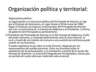 Índice: 1.-Asturias.       1.2-El principado de Asturias y su localización.       1.3-Historia.       1.4-Organización política y territorial.       1.5-Comunicación y transportes.       1.6-Economía.       1.7-Demografía.       1.8-Geografía física.       1.9-Cultura.       1.10-Gastronomía.