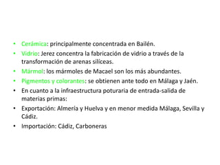 Química: Huelva presenta un número importante de empresas dedicadas a la fabricación de ácido sulfúrico, también presentes en Sevilla y Granada en menor medida.