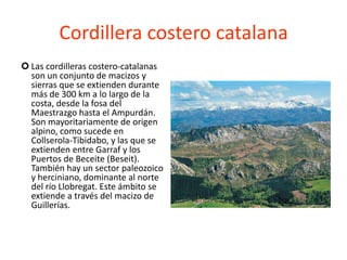 Depresión centralLas tierras del interior de Cataluña forman parte de otra unidad mayor de la península: el valle del Ebro. Se trata del ángulo noroccidental del valle del Ebro. Este sector, pues, presenta un relieve con forma de tabla en el que dominan las calizas y las margas y arcillas. Predominan las estructuras de cuesta. Distinguimos cuatro sectores: las sierras marginales, las plataformas estructurales, las cuencas de erosión y las planicies detríticas. 