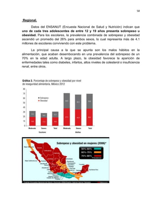 58
Regional.
Datos del ENSANUT (Encuesta Nacional de Salud y Nutrición) indican que
uno de cada tres adolescentes de entre 12 y 19 años presenta sobrepeso u
obesidad. Para los escolares, la prevalencia combinada de sobrepeso y obesidad
ascendió un promedio del 26% para ambos sexos, lo cual representa más de 4.1
millones de escolares conviviendo con este problema.
La principal causa a la que se apunta son los malos hábitos en la
alimentación, que acaban desembocando en una prevalencia del sobrepeso de un
70% en la edad adulta. A largo plazo, la obesidad favorece la aparición de
enfermedades tales como diabetes, infartos, altos niveles de colesterol o insuficiencia
renal, entre otros.
 