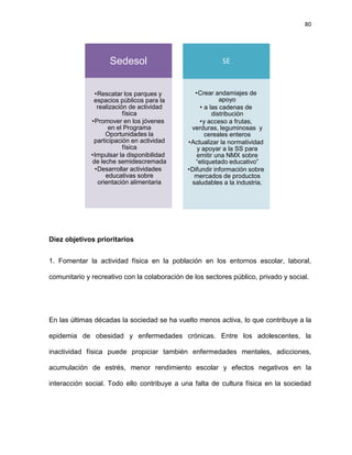 80
Sedesol
•Rescatar los parques y
espacios públicos para la
realización de actividad
física
•Promover en los jóvenes
en el Programa
Oportunidades la
participación en actividad
física
•Impulsar la disponibilidad
de leche semidescremada
•Desarrollar actividades
educativas sobre
orientación alimentaria
SE
•Crear andamiajes de
apoyo
• a las cadenas de
distribución
•y acceso a frutas,
verduras, leguminosas y
cereales enteros
•Actualizar la normatividad
y apoyar a la SS para
emitir una NMX sobre
―etiquetado educativo‖
•Difundir información sobre
mercados de productos
saludables a la industria.
Diez objetivos prioritarios
1. Fomentar la actividad física en la población en los entornos escolar, laboral,
comunitario y recreativo con la colaboración de los sectores público, privado y social.
En las últimas décadas la sociedad se ha vuelto menos activa, lo que contribuye a la
epidemia de obesidad y enfermedades crónicas. Entre los adolescentes, la
inactividad física puede propiciar también enfermedades mentales, adicciones,
acumulación de estrés, menor rendimiento escolar y efectos negativos en la
interacción social. Todo ello contribuye a una falta de cultura física en la sociedad
 