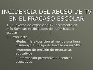 INCIDENCIA DEL ABUSO DE TV 
EN EL FRACASO ESCOLAR 
1.- El exceso de exposición TV incrementa en 
más 50% las posibilidades de sufrir fracaso 
escolar 
2.- Propuesta: 
-Reducir la exposición al menos una hora 
disminuye el riesgo de fracaso en un 50% 
-Aumento de emisión de programas 
educativos 
- Información preventiva en centros 
ecucativos 
 