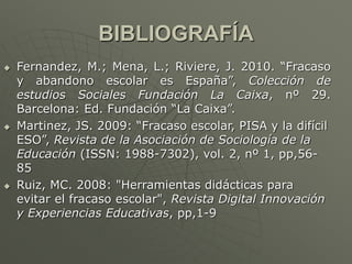 BIBLIOGRAFÍA 
 Fernandez, M.; Mena, L.; Riviere, J. 2010. “Fracaso 
y abandono escolar es España”, Colección de 
estudios Sociales Fundación La Caixa, nº 29. 
Barcelona: Ed. Fundación “La Caixa”. 
 Martinez, JS. 2009: “Fracaso escolar, PISA y la difícil 
ESO”, Revista de la Asociación de Sociología de la 
Educación (ISSN: 1988-7302), vol. 2, nº 1, pp,56- 
85 
 Ruiz, MC. 2008: "Herramientas didácticas para 
evitar el fracaso escolar", Revista Digital Innovación 
y Experiencias Educativas, pp,1-9 
 