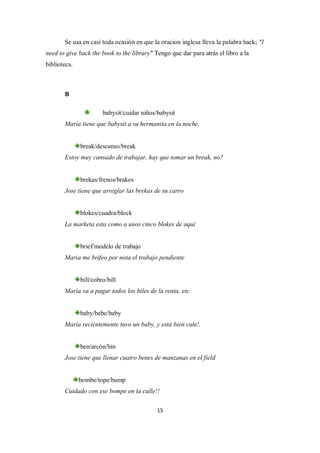 Se usa en casi toda ocasión en que la oracion inglesa lleva la palabra back; "I
need to give back the book to the library" Tengo que dar para atrás el libro a la
biblioteca.



       B

                       babysit/cuidar niños/babysit
       María tiene que babysit a su hermanita en la noche.


              break/descanso/break
       Estoy muy cansado de trabajar, hay que tomar un break, no?


              brekas/frenos/brakes
       Jose tiene que arreglar las brekas de su carro


              blokes/cuadra/block
       La marketa esta como a unos cinco blokes de aquí


              brief/modelo de trabajo
       Maria me brifeo por nota el trabajo pendiente


              bill/cobro/bill
       María va a pagar todos los biles de la renta, etc.


              baby/bebe/baby
       María recientemente tuvo un baby, y está bien cute!.


              ben/arcón/bin
       Jose tiene que llenar cuatro benes de manzanas en el field


              bombe/tope/bump
       Cuidado con ese bompe en la calle!!

                                            15
 