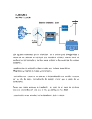 ELEMENTOS
   DE PROTECCIÓN




Son aquellos elementos que se intercalan en el circuito para proteger toda la
instalación de posibles sobrecargas por establecer contacto directo entre los
conductores (cortocircuito) y también para proteger a las personas de posibles
accidentes.


Los elementos de protección más conocidos son: fusibles, automáticos
(Magnéticos y magneto térmicos) y diferenciales.


Los fusibles van colocados en serie en la instalación eléctrica y están formados
por un hilo de cobre, normalmente de sección menor que el resto de los
conductores.


Tienen por misión proteger la instalación      en caso de un paso de corriente
excesiva, fundiéndose en este caso el hilo, que es la parte más débil.


Los automáticos son aquellos que limitan el paso de la corriente.
 