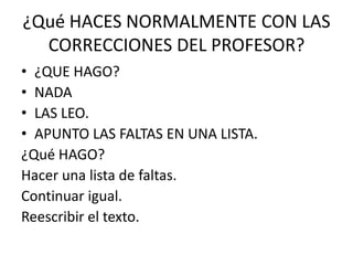 ¿Qué HACES NORMALMENTE CON LAS
CORRECCIONES DEL PROFESOR?
• ¿QUE HAGO?
• NADA
• LAS LEO.
• APUNTO LAS FALTAS EN UNA LISTA.
¿Qué HAGO?
Hacer una lista de faltas.
Continuar igual.
Reescribir el texto.
 