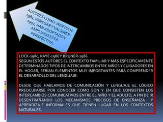 LOCK-1980, KAYE-1986Y BRUNER-1986.
SEGÚN ESTOS AUTORES EL CONTEXTO FAMILIAR Y MÁS ESPECÍFICAMENTE
DETERMINADOS TIPOS DE INTERCAMBIOS ENTRE NIÑOS Y CUIDADORES EN
EL HOGAR, SERIAN ELEMENTOS MUY IMPORTANTES PARA COMPRENDER
EL DESARROLLO DEL LENGUAJE.
DESDE QUE HABLAMOS DE COMUNICACIÓN Y LENGUAJE EL LÓGICO
PREOCUPARSE POR CONOCER COMO SON Y EN QUE CONSISTEN LOS
INTERCAMBIOS COMUNICATIVOS ENTRE EL NIÑO Y EL ADULTO, A FIN DE IR
DESENTRAÑANDO LOS MECANISMOS PRECISOS DE ENSEÑANZA Y
APRENDIZAJE INFORMALES QUE TIENEN LUGAR EN LOS CONTEXTOS
NATURALES.
 
