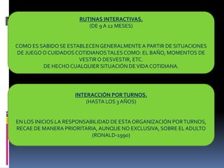 RUTINAS INTERACTIVAS.
(DE 9 A 12 MESES)
COMO ES SABIDO SE ESTABLECENGENERALMENTEA PARTIR DE SITUACIONES
DE JUEGO O CUIDADOS COTIDIANOSTALES COMO: EL BAÑO, MOMENTOS DE
VESTIRO DESVESTIR, ETC.
DE HECHO CUALQUIER SITUACIÓN DEVIDA COTIDIANA.
INTERACCIÓN PORTURNOS.
(HASTA LOS 3 AÑOS)
EN LOS INICIOS LA RESPONSABILIDAD DE ESTA ORGANIZACIÓN PORTURNOS,
RECAE DE MANERA PRIORITARIA,AUNQUE NO EXCLUSIVA, SOBRE EL ADULTO
(RONALD-1990)
 