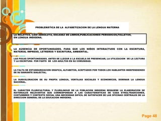 Page 48
PROBLEMÁTICA DE LA ALFABETIZACION DE LA LENGUA MATERNA
LA RELATIVA. CASI ABSOLUTA, ESCASEZ DE LIBROS,PUBLICACIONES PERIODICOS,FOLLETOS,
EN LENGUA INDIGENA.
LA AUSENCIA DE OPORTUNIDADES. PARA QUE LOS NIÑOS INTERACTUEN CON LA ESCRITURA,
MATERIAL IMPRESO, LETREROS Y ESCRITURA, AMBIENTAL.
LAS POCAS OPORTUNIDADES. ANTES DE LLEGAR A LA ESCUELA DE PRESENCIAR, LA UTILIZACION DE LA LECTURA
Y LA ESCRITURA POR PARTE DE LOS ADULTOS EN SU COMUNIDAD.
LA FALTA DE ESTANDARIZACION GRAFICA, ALFABETOS, ACEPTADOS POR TODOS LOS HABLANTES INDEPENDIENDO
DE SU BARIANTE DIALECTAL.
LA SUBVALORACION DE SU PROPÍA LENGUA, VENTAJAS SOCIALES Y ECONOMICOS, DOMINAR LA LENGUA
NACIONAL.
EL CARÁCTER PLURICULTURAL Y PLURILINGUE DE LA POBLACION INDIGENA REQUIERE LA ELABORACION DE
MATERIALES RELEVANTAS QUE CORRESPONDAN A LAS CARACTERISTICAS DE CADA ETNIA,TRADICIONES,
COSTUMBRES Y CONTEXTO SOCIAL UNA NECESIDAD DIFICIL DE SATISFACER DE LAS OFICINAS CENTRALES DE LA
DIRECCION GENERAL DE LA EDUCACION INDIGENA.
 