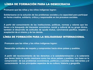 LÍNEA DE FORMACIÓN PARA LA DEMOCRACIA
Promueve que las niñas y los niños indígenas logren:
Solidarizarse en la solución de los problemas sociales y la capacidad para participar
en forma creativa, solidaria, crítica y responsable en los procesos sociales.
A partir del conocimiento de las instituciones, políticas, normas y valores que los
lleven a la búsqueda del bienestar económico, social y cultural de su grupo étnico,
también el desarrollo de actitudes de ayuda mutua, convivencia pacifica, respeto y
aceptación de si mismo y de los demás.
LÍNEA DE FORMACIÓN PARA LA SOLIDARIDAD INTERNACIONAL
Promueve que las niñas y los niños indígenas logren:
Desarrollar actitudes de respeto y compromiso hacia otros países y pueblos.
A partir del reconocimiento de los derechos a la autodeterminación y la soberanía
que tienen tanto la nación mexicana como los otros países y pueblos; con base en la
comprensión de sus problemas económicos, políticos y sociales mas relevantes y el
conocimiento de los principales aspectos de su cultura, historia y geografía.
 