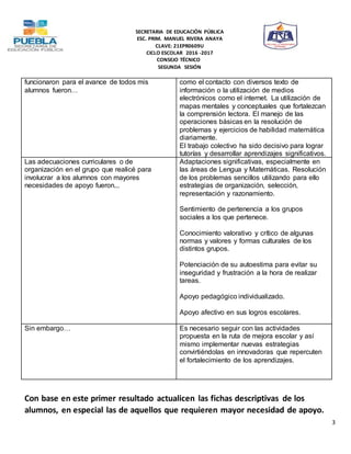 SECRETARIA DE EDUCACIÓN PÚBLICA
ESC. PRIM. MANUEL RIVERA ANAYA
CLAVE: 21EPR0609U
CICLO ESCOLAR 2016 -2017
CONSEJO TÉCNICO
SEGUNDA SESIÓN
3
funcionaron para el avance de todos mis
alumnos fueron…
como el contacto con diversos texto de
información o la utilización de medios
electrónicos como el internet. La utilización de
mapas mentales y conceptuales que fortalezcan
la comprensión lectora. El manejo de las
operaciones básicas en la resolución de
problemas y ejercicios de habilidad matemática
diariamente.
El trabajo colectivo ha sido decisivo para lograr
tutorías y desarrollar aprendizajes significativos.
Las adecuaciones curriculares o de
organización en el grupo que realicé para
involucrar a los alumnos con mayores
necesidades de apoyo fueron...
Adaptaciones significativas, especialmente en
las áreas de Lengua y Matemáticas. Resolución
de los problemas sencillos utilizando para ello
estrategias de organización, selección,
representación y razonamiento.
Sentimiento de pertenencia a los grupos
sociales a los que pertenece.
Conocimiento valorativo y crítico de algunas
normas y valores y formas culturales de los
distintos grupos.
Potenciación de su autoestima para evitar su
inseguridad y frustración a la hora de realizar
tareas.
Apoyo pedagógico individualizado.
Apoyo afectivo en sus logros escolares.
Sin embargo… Es necesario seguir con las actividades
propuesta en la ruta de mejora escolar y así
mismo implementar nuevas estrategias
convirtiéndolas en innovadoras que repercuten
el fortalecimiento de los aprendizajes.
Con base en este primer resultado actualicen las fichas descriptivas de los
alumnos, en especial las de aquellos que requieren mayor necesidad de apoyo.
 