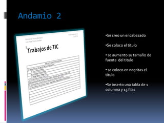 Andamio 2
•Se creo un encabezado
•Se coloco el titulo
• se aumento su tamaño de
fuente del titulo
• se coloco en negritas el
titulo
•Se inserto una tabla de 1
columna y 15 filas

 