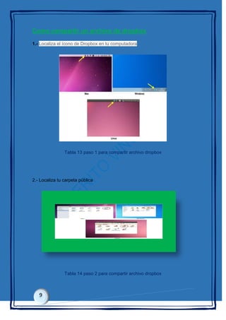 Como compartir un archivo de dropbox
1.- Localiza el ícono de Dropbox en tu computadora
Tabla 13 paso 1 para compartir archivo dropbox
2.- Localiza tu carpeta pública
Tabla 14 paso 2 para compartir archivo dropbox
 