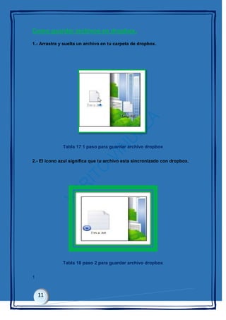 Como guardar archivos en dropbox.
1.- Arrastra y suelta un archivo en tu carpeta de dropbox.
Tabla 17 1 paso para guardar archivo dropbox
2.- El icono azul significa que tu archivo esta sincronizado con dropbox.
Tabla 18 paso 2 para guardar archivo dropbox
1
 