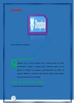 DROPBOX
Tabla 1imagen de dropbox
ue es un dropbox
Dropbox es un servicio gratuito que te permite llevar tus fotos,
documentos y videos a cualquier lugar. Cualquier archivo que se
guarde en dropbox se guardara automáticamente en todos tus
equipos, teléfonos, e incluso en sitio web de dropbox. Esto significa
que se puede comenzar a trabajar.
Como crear una cuenta en dropbox
1.- Se puede crear una cuenta de dos maneras:
Q
 