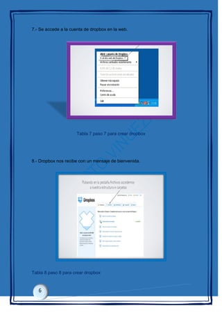 7.- Se accede a la cuenta de dropbox en la web.
Tabla 7 paso 7 para crear dropbox
8.- Dropbox nos recibe con un mensaje de bienvenida.
Tabla 8 paso 8 para crear dropbox
 