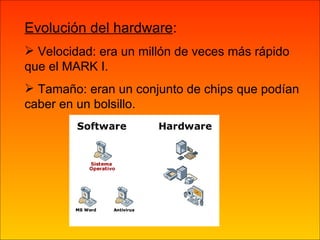 Evolución del hardware : Velocidad: era un millón de veces más rápido que el MARK I. Tamaño: eran un conjunto de chips que podían caber en un bolsillo. 