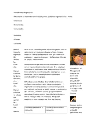 Pensamiento Imaginactivo

Difundiendo la creatividad e innovación para la gestión de organizaciones y Pymes

Referencias

Herramientas

Comunidades


Miembros

Mi Perfil

Escríbame


Manuel         estos no son conocidos por los voluntarios y sobre todo no
Grossdijo      saben como su trabajo contribuye a su logro. Por eso,
Organizac      necesitan saber que se espera de ellos, que sistemas de
ión            evaluación y seguimiento existen y fácil acceso a sistemas
abierta,       de apoyo y asesoramiento.
la...
hace 2         Las recompensas y el adecuado reconocimiento también
días           son un importante elemento motivador. Si se adopta un
                                                                             manuelgross ¡El
               sistema de incentivos este debe ser equitativo y concreto.
Manuel                                                                       Management-
               Si los voluntarios consideran que las recompensas no son
Grossdijo                                                                    Imaginactivo
               equitativas y justas pueden provocar rápidamente
La Quinta                                                                    Diario está
               desmotivación en los grupos.
Disciplina,                                                                  disponible!
de...                                                                        bit.ly/efk4E9▸
               El feedback sobre el trabajo desarrollado, también se
hace 2         configura como un importante elemento motivador. Es           Historias del día
días                                                                         por @abarros4
               importante conocer que se esta haciendo bien y que se
               esta haciendo mal, como se podría mejorar el rendimiento,     hoursago · reply
Manuel                                                                       · retweet ·
Grossdijo      etc. Sin duda, uno de los factores que producen mas
                                                                             favorite
12 activos     desmotivación es no conocer si esestán haciendo bien o
que            mal las cosas y si estas son valoradas. Y lo que en
aportan        ocasiones es peor, no saber que tiene que hacerse.
las...
hace 3                                                                       Gustavo_Velizm
días           Factores que favorecen la    Factores que dificultan la       anagersmagazin
               motivación                   motivación                       e> Los 50
Manuel
                                                                             pensadores más
 