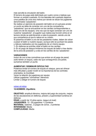 más sencilla la circulación del balón.
El terreno de juego está delimitado por cuatro conos o balizas que
forman un amplio cuadrado. En los laterales del cuadrado dejamos
unos pasillos de unos dos metros por donde se sitúan los jugadores
denominados “pasadores”.
Se realiza un ejercicio de posesión del balón en el cual para anotar
un punto se debe de conectar con uno de los compañeros
“pasadores” que se encuentran en los carriles correspondientes a
cada uno de los equipos. Una vez que se logra conectar con uno de
nuestros “pasadores”, el jugador que realiza esa función entra en el
terreno donde se está llevando a cabo la posesión, siendo uno de
sus compañeros el que lo releve en su misión.
Si pasamos el balón a uno de los pasadores rivales, deben de volver
a pasar el balón a nuestro equipo, aunque sólo se puntúan los pases
y relevos realizados con los jugadores de un mismo equipo.
1- En defensa se prohíbe robar el balón en los carriles.
2- En el juego de ataque limitamos los toques de balón a tres dentro
de la zona de posesión y a dos en los carriles de los “pasadores”.
VARIACIONES
Incluir de uno a tres comodines que entran en el juego de pared,
(solo tienen un toque), cada vez que conseguimos una pared,
sumamos también un punto
AUMENTAR / DISMINUIR DIFICULTAD
Podemos limitar el número de toques en ataque, para así ofrecer
más dificultad y poder incidir en la importancia de los controles
orientados, la movilidad.
Variar la relación de jugadores por equipo
Utilizar jugadores "comodines" ofensivos
Limitar u obligar el numero de toques
volver al indice
10-NOMBRE: Equilibrio
OBJETIVO: amplitud ofensiva, mejora del juego de conjunto, mejora
de las asculaciones en defensa, presión y superioridad numérica en
defensa
EDAD: a partir de 12 años aprox. (segun el nivel)
JUGADORES: 12 - 20 jugaodres + 2 porteros
MATERIAL: balones , 2 juegos de conos , 2 porterias
INTENSIDAD: Media
COMPLEJIDAD: Media
 