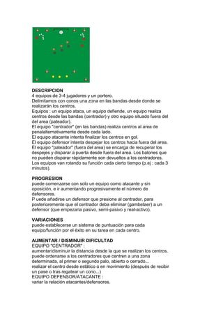 DESCRIPCION
4 equipos de 3-4 jugadores y un portero.
Delimitamos con conos una zona en las bandas desde donde se
realizarán los centros.
Equipos : un equipo ataca, un equipo defiende, un equipo realiza
centros desde las bandas (centrador) y otro equipo situado fuera del
del area (pateador).
El equipo "centrador" (en las bandas) realiza centros al area de
penalalternativamente desde cada lado.
El equipo atacante intenta finalizar los centros en gol.
El equipo defensor intenta despejar los centros hacia fuera del area.
El equipo "pateador" (fuera del area) se encarga de recuperar los
despejes y disparar a puerta desde fuera del area. Los balones que
no pueden disparar rápidamente son devueltos a los centradores.
Los equipos van rotando su función cada cierto tiempo (p.ej : cada 3
minutos).
PROGRESION
puede comenzarse con solo un equipo como atacante y sin
oposición, e ir aumentando progresivamente el número de
defensores.
P uede añadirse un defensor que presione al centrador, para
posterioremente que el centrador deba eliminar (gambetaer) a un
defensor (que empezaria pasivo, semi-pasivo y real-activo).
VARIACIONES
puede establecerse un sistema de puntuación para cada
equipo/función por el éxito en su tarea en cada centro.
AUMENTAR / DISMINUIR DIFICULTAD
EQUIPO "CENTRADOR" :
aumentar/disminuir la distancia desde la que se realizan los centros.
puede ordenarse a los centradores que centren a una zona
determinada, al primer o segundo palo, abierto o cerrado...
realizar el centro desde estático o en movimiento (después de recibir
un pase o tras regatear un cono...)
EQUIPO DEFENSOR/ATACANTE :
variar la relación atacantes/defensores.
 