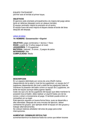 EQUIPO "PATEADOR" :
permitir solo el remate al primer toque.
OBJETIVOS
El ejercicio está orientado principalmente a la mejora del juego aéreo
tanto en defensa (despeje) como en ataque (remate).
El equipo centrador mejora la precisión en el centro.
El equipo fuera del area mejora el disparo desde el borde del área
después del despeje.
volver al indice
14- NOMBRE: Conservación + Esprint
OBJETIVO: juego combinativo + técnico + físico
EDAD: a partir de 14 años (segun el nivel)
JUGADORES: 7-12 jugadores
MATERIAL: balones , 8 conos , 2 juegos de petos
INTENSIDAD: Alta
COMPLEJIDAD: Media
DESCRIPCION
En un espacio delimitado por conos de unos 25x25 metros
(dependiendo de la edad y nivel de los jugadores), un equipo de 5-7
jugadores (dependiendo del nivel y edad de los jugadores) trata de
mantener la posesión del balón contra un equipo de 2 jugadores, sin
limite de toques (aunque debe jugarse rápido).
Cada vez que uno de los jugadores del equipo que debe mantener la
posesión toca el balón, debe realizar un esprint hasta uno de los
conos y volver a incorporarse al juego. O también puede entrar un
compañero en su lugar.
Este ejercicio requiere un buena forma física. pues se desarrolla a
alta intensidad. Después de unos minutos de ejercicio, deben
cambiarse los grupos. (por ejemplo dividir el equipo en dos grupos y
trabajar alternativamente).
Se colocan balones alrededor del area de juego para evitar
interrupciones.
AUMENTAR / DISMINUIR DIFICULTAD
aumentar/disminuir la distancia hasta los conos que deben tocarse
 