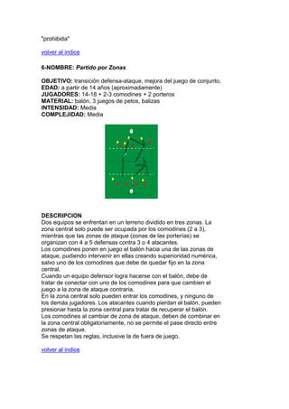 "prohibida"
volver al indice
6-NOMBRE: Partido por Zonas
OBJETIVO: transición defensa-ataque, mejora del juego de conjunto.
EDAD: a partir de 14 años (aproximadamente)
JUGADORES: 14-18 + 2-3 comodines + 2 porteros
MATERIAL: balón, 3 juegos de petos, balizas
INTENSIDAD: Media
COMPLEJIDAD: Media
DESCRIPCION
Dos equipos se enfrentan en un terreno dividido en tres zonas. La
zona central solo puede ser ocupada por los comodines (2 a 3),
mientras que las zonas de ataque (zonas de las porterías) se
organizan con 4 a 5 defensas contra 3 o 4 atacantes.
Los comodines ponen en juego el balón hacia una de las zonas de
ataque, pudiendo intervenir en ellas creando superioridad numérica,
salvo uno de los comodines que debe de quedar fijo en la zona
central.
Cuando un equipo defensor logra hacerse con el balón, debe de
tratar de conectar con uno de los comodines para que cambien el
juego a la zona de ataque contraria.
En la zona central solo pueden entrar los comodines, y ninguno de
los demás jugadores. Los atacantes cuando pierdan el balón, pueden
presionar hasta la zona central para tratar de recuperar el balón.
Los comodines al cambiar de zona de ataque, deben de combinar en
la zona central obligatoriamente, no se permite el pase directo entre
zonas de ataque.
Se respetan las reglas, inclusive la de fuera de juego.
volver al indice
 