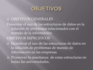 OBJETIVOSOBJETIVOS GENERALESFomentar el uso de las estructuras de datos en la solución de problemas relacionados con el manejo de la información.OBJETIVOS ESPECIFICOSIncentivar el uso de las estructuras de datos en la solución de problemas de manejo de información en las empresas.Promover la enseñanza  de estas estructuras en todas las universidades. 
