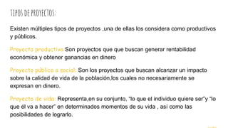 tiposdeproyectos:
Existen múltiples tipos de proyectos ,una de ellas los considera como productivos
y públicos.
Proyecto productivo:Son proyectos que que buscan generar rentabilidad
económica y obtener ganancias en dinero
Proyecto público o social: Son los proyectos que buscan alcanzar un impacto
sobre la calidad de vida de la población,los cuales no necesariamente se
expresan en dinero.
Proyecto de vida: Representa,en su conjunto, “lo que el individuo quiere ser”y “lo
que él va a hacer” en determinados momentos de su vida , así como las
posibilidades de lograrlo.
 
