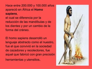 Hace entre 200.000 y 100.000 años  apareció en África el  Homo  sapiens ,  el cual se diferencia por la  reducción de las mandíbulas y de  los dientes y por un cambio de la  forma del cráneo. El homo sapiens desarrolló un  lenguaje abstracto como el nuestro,  fue el que convivió en la sociedad  de cazadores y recolectores, fue  aquel que fabricó con gran precisión  herramientas y utensilios . 