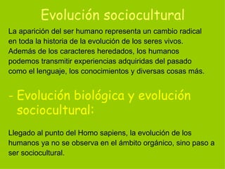 Evolución sociocultural La aparición del ser humano representa un cambio radical en toda la historia de la evolución de los seres vivos. Además de los caracteres heredados, los humanos  podemos transmitir experiencias adquiridas del pasado  como el lenguaje, los conocimientos y diversas cosas más. Evolución biológica y evolución sociocultural : Llegado al punto del Homo sapiens, la evolución de los  humanos ya no se observa en el ámbito orgánico, sino paso a  ser sociocultural. 